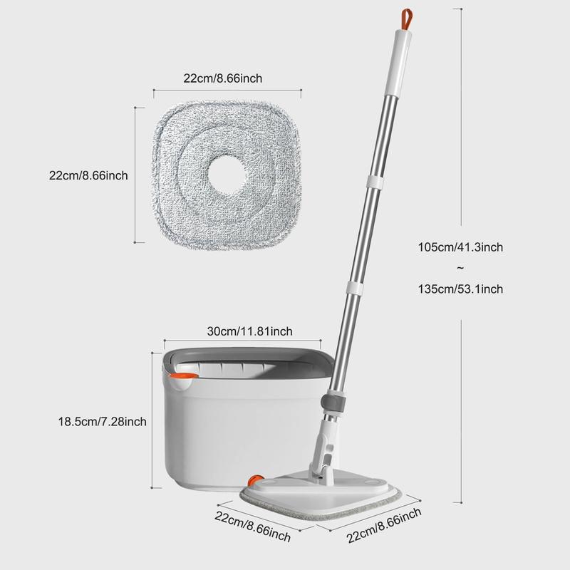 Spin Mop & Bucket Set Light Gray 10Pcs with Self-Separating Dirty Water & Clean Water System, Self-Drying 360° Spin Square Mop Head for Hardwood Tile Marble Floors,Cleaning Mop after the party,adjustable hand tool,Mother's Day Gift