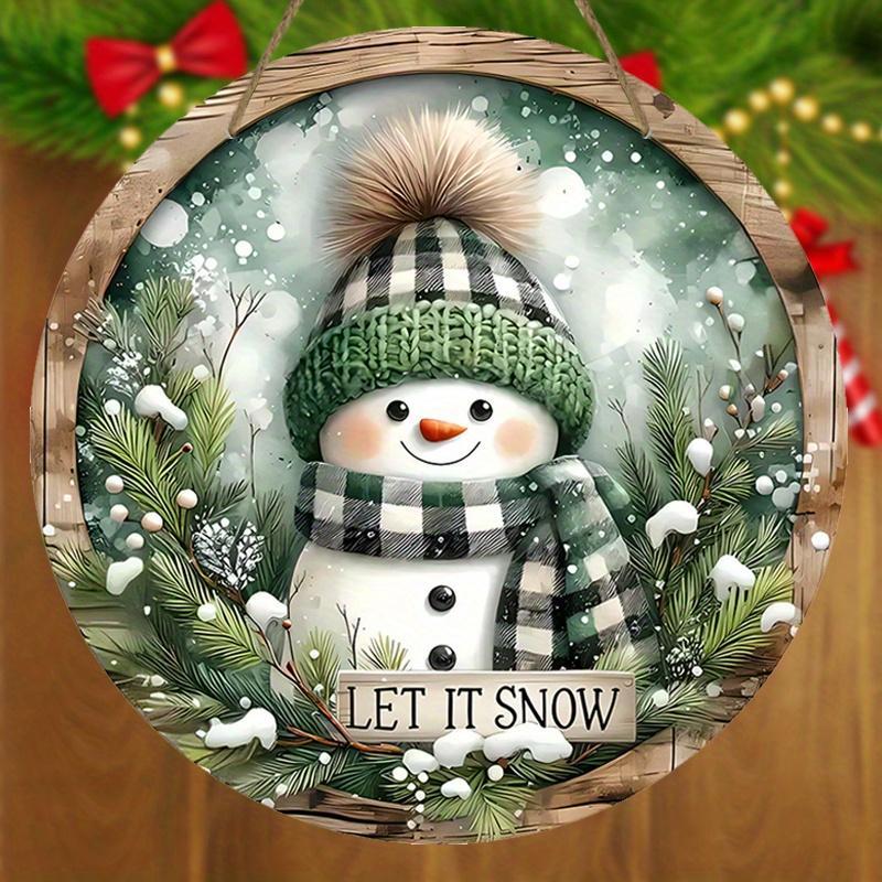 Christmas Snowman Pattern Wooden Hanging Sign, 1 Count Let It Snow Round Sign, Cute Winter Hanging Sign for Front Door Wall Decor