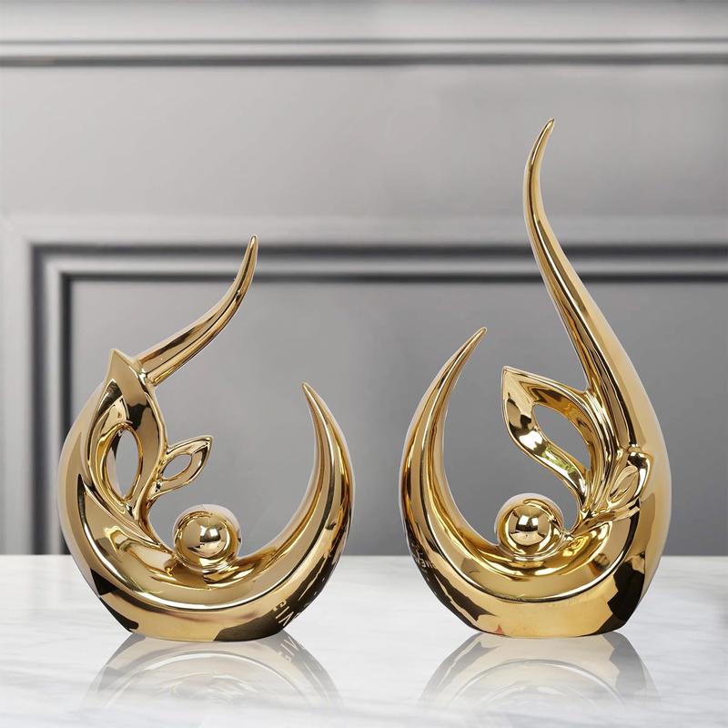 2 PCS White Gold Home Decor Accent Ceramic Statue Abstract Sculptures Centerpieces Mid Century Modern Decor for Tables Coffee Table top Decorations for Living Room Desktop Shelf Dining Room Kitchen