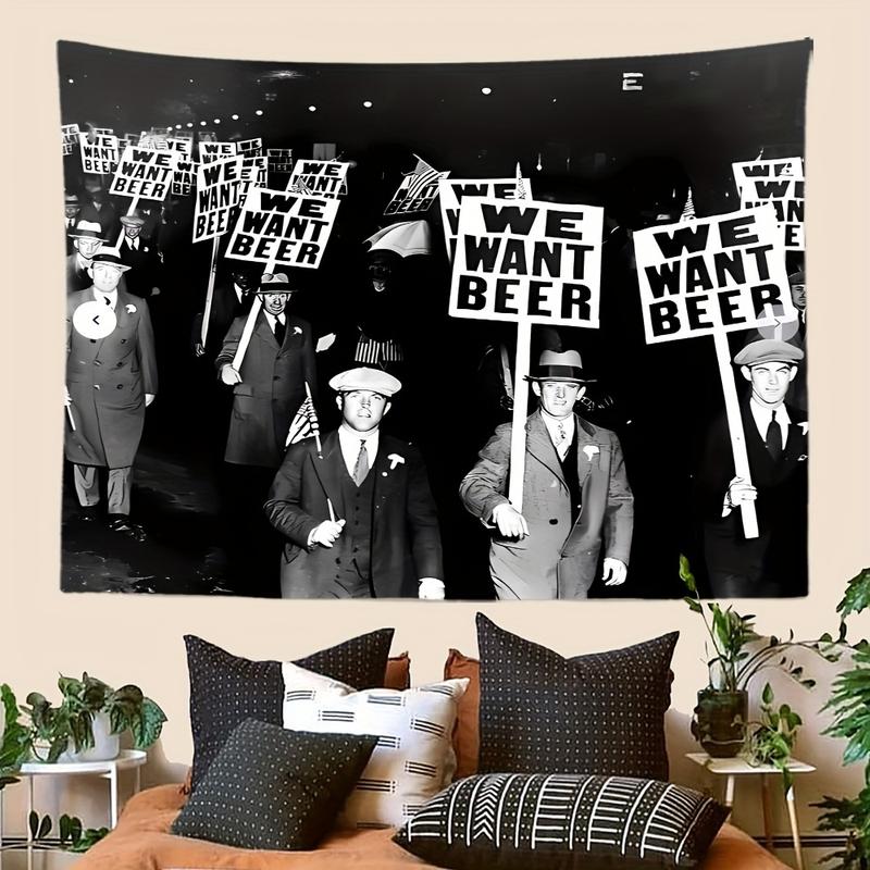 We Want Beer Prohibition Era Wall Tapestry - Fashion Herringbone Pattern Peach Skin Velvet Fabric, Polyester Woven Tapestry for Bedroom, Indoor Use, Theme Party Decor, Easy Hang - Includes Installation Accessories, Retro Art Dormitory Wall Hangingt