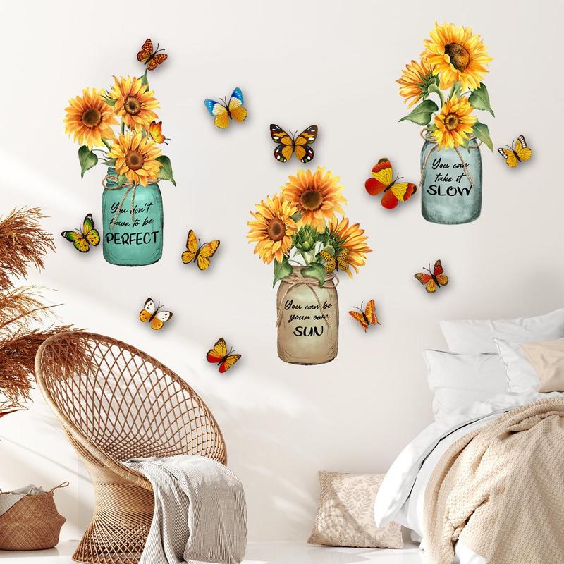 3D Sunflower & Butterfly Pattern Wall Sticker, 1 Set Self Adhesive Wall Decal, DIY Decorative Wall Art Crafts for Home Living Room Bedroom Dining Room, Mean Girls Decorations