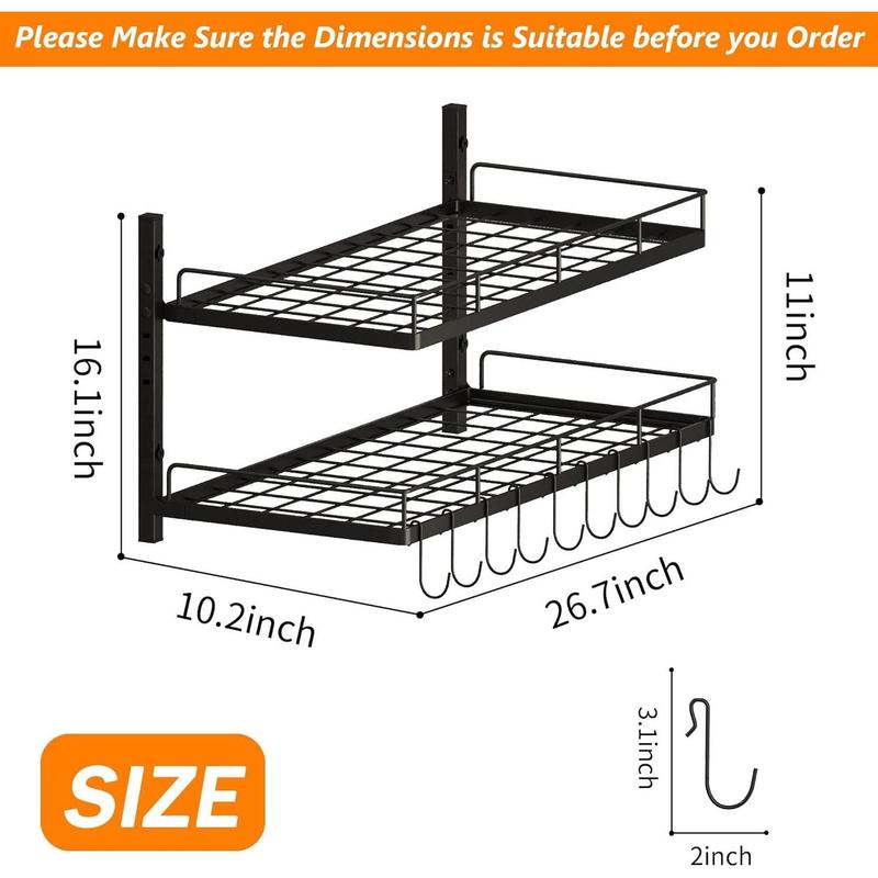 1 2 tiers Pot and Pan Hanger, Wall Mounted Pots and Pan Hanging Rack with 8 Hooks for Kitchen Cookware Utensils 2 DIY Methods Black Steel Hanging Pot Rack, storage holders & racks Organiser Hangable