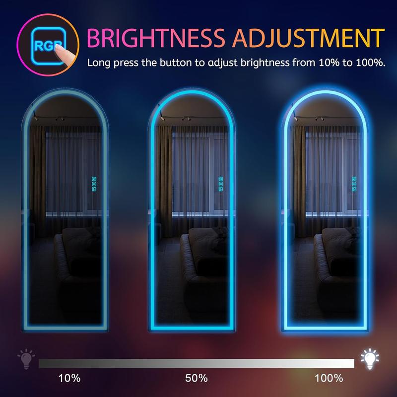 LVSOMT Arch Full Length Mirror with RGB LED Lights, Wall Mounted Floor Standing Full Body Mirror, Arched Light Up Mirror, Stand Up Lighted Mirror for Bedroom, Living Room