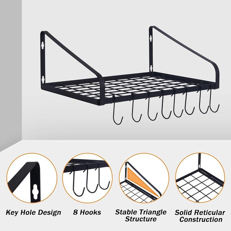 1 2 tiers Pot and Pan Hanger, Wall Mounted Pots and Pan Hanging Rack with 8 Hooks for Kitchen Cookware Utensils 2 DIY Methods Black Steel Hanging Pot Rack, storage holders & racks Organiser Hangable