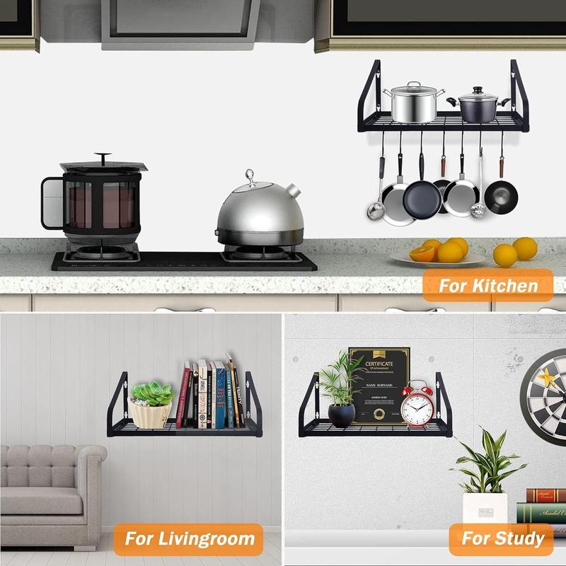 1 2 tiers Pot and Pan Hanger, Wall Mounted Pots and Pan Hanging Rack with 8 Hooks for Kitchen Cookware Utensils 2 DIY Methods Black Steel Hanging Pot Rack, storage holders & racks Organiser Hangable