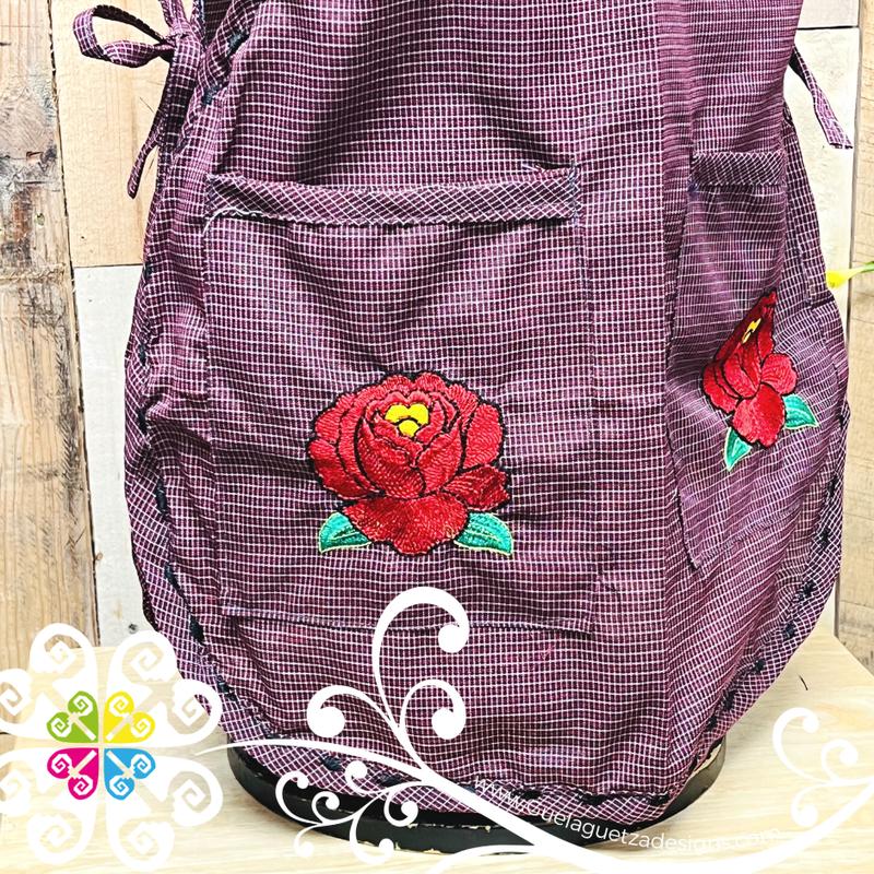 Maroon with Roses Escapulario Embroider Apron - Mandil Artesanal