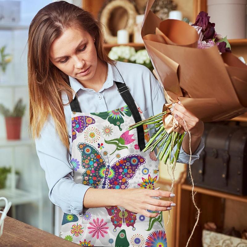 Apron Home Kitchen Cooking Baking Gardening for Women Men With Pockets Floral Colorful Butterflies Flowers Romantic 32x28 inch