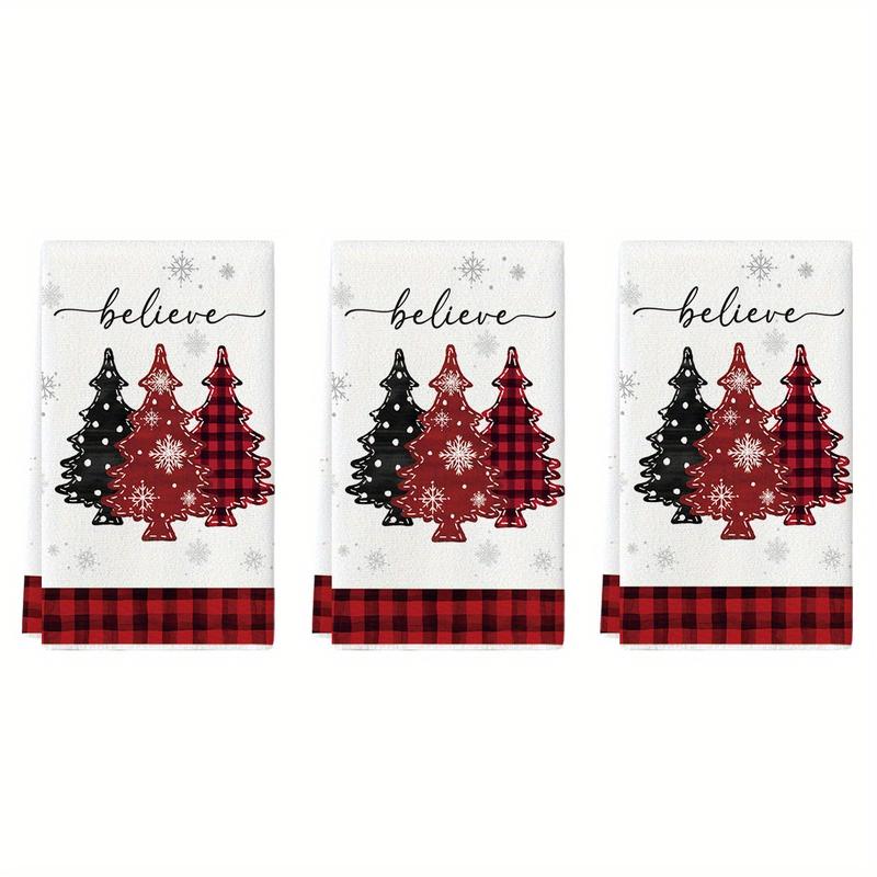 Red Xmas Trees Christmas Kitchen Towels Dish Towels, 18x26 Inch Daily Buffalo Plaid Winter Room Funky Home Decoration Hand Towels Set of 2 3 4