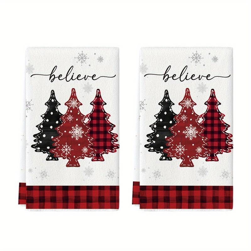 Red Xmas Trees Christmas Kitchen Towels Dish Towels, 18x26 Inch Daily Buffalo Plaid Winter Room Funky Home Decoration Hand Towels Set of 2 3 4