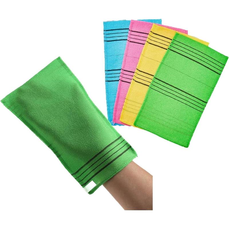 4 Pcs Korean Exfoliating Mitt Bath Washcloth 9.1 x 6 in - Asian Italy Towel (Large 4Pcs Green Skyblue Pink Yellow) Accessories