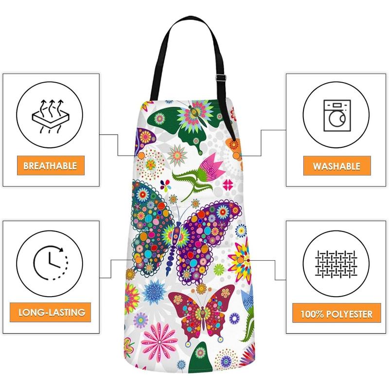 Apron Home Kitchen Cooking Baking Gardening for Women Men With Pockets Floral Colorful Butterflies Flowers Romantic 32x28 inch