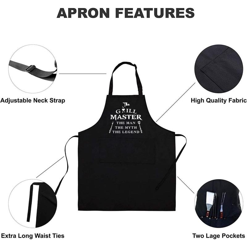 Funny Aprons for Men - The Grill Master, The Man The Myth The Legend - Cooking Grilling BBQ Chef Apron for a Husband, Dad Gifts,  Oil Proof Black Apron with 2 Pockets