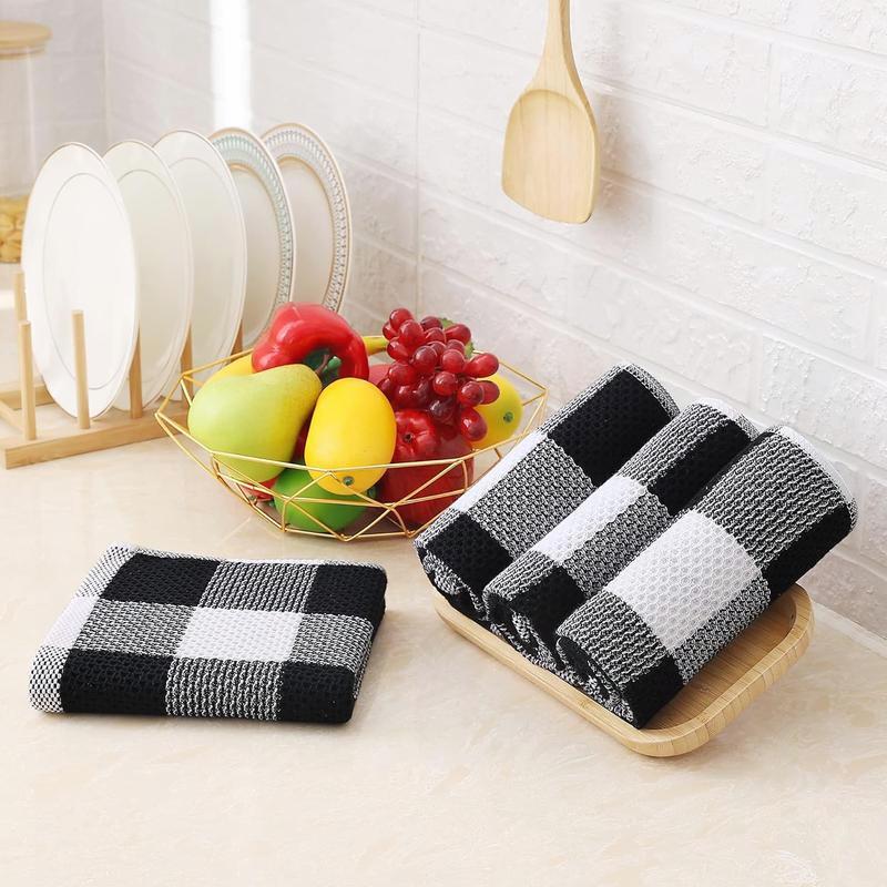 Cotton Waffle Weave Check Plaid Towels - 4-Pack, 13 x 28 Inches. Super Soft, Absorbent for Drying Dishes. White & Black Cleaning Towels.