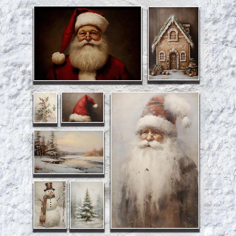 Santa Claus Snowman Plant Pattern Unframed Painting, 1 Count Modern Canvas Wall Art, Wall Decor for Home Living Room Bedroom Office, Home Decor