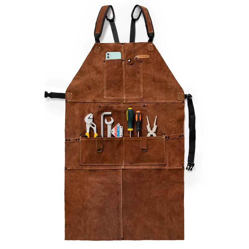 YESWELDER Leather Welding Work Shop Apron with 6 Tool Pockets, Heat & Flame Resistant Cowhide Apron, Heavy Duty Adjustable Aprons, Length 41