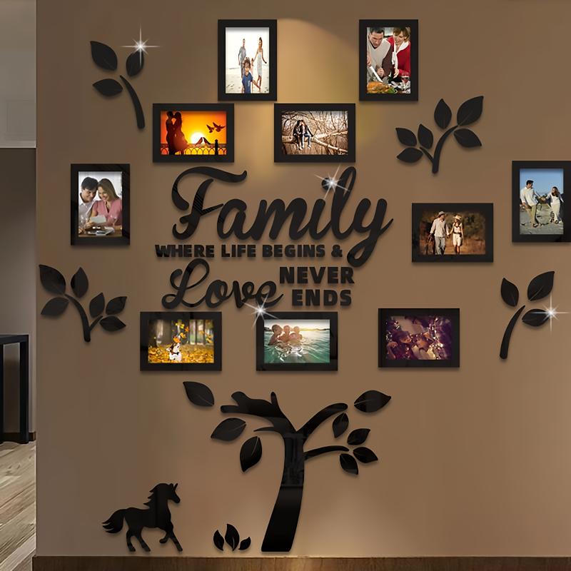 A Set of 3D Acrylic Photo Frame Wall Decorations-Self-Adhesive DIY Photo Collage Gallery with Wall Chart Template, Suitable for Family Tree, Wedding, New Year, Christmas, Anniversary-Chinese Text 