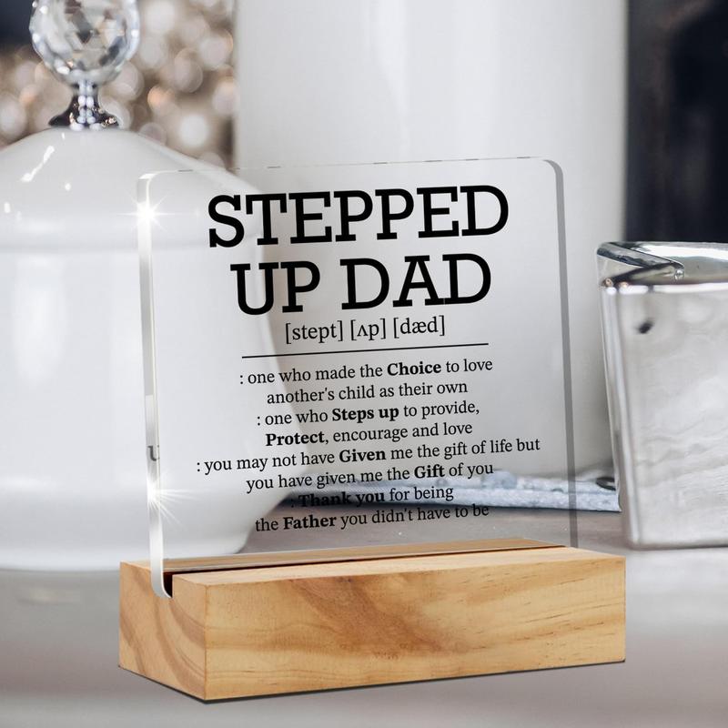 Gifts for Stepdad Stepfather Bonus Dad, Stepped up dad Definition Desk Decor Acrylic Desk Plaque Sign with Wood Stand Home Office Desk Sign Keepsake Step Dad Father's Day Present Wooden Decorative