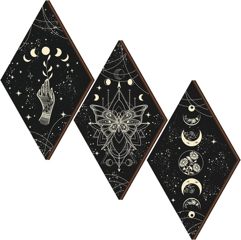 3 Pack Rustic Boho Wall Decor – Moon Phases and Butterfly Art, Minimalist Wooden Gothic Hanging Signs for Living Room and Bedroom – 6.7 x 11.8 Inch Set