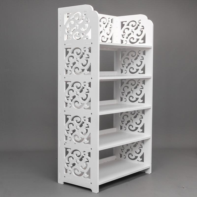 FCH 5-Tier White Hollow Carved Shoe Rack, Wood-Plastic Board Shoe Storage Organizer Cabinet, Space-Saving Boots Display Holder, Narrow Entryway and Outdoor Shoe Rack Tower