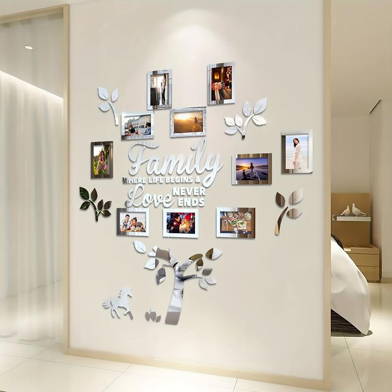 A Set of 3D Acrylic Photo Frame Wall Decorations-Self-Adhesive DIY Photo Collage Gallery with Wall Chart Template, Suitable for Family Tree, Wedding, New Year, Christmas, Anniversary-Chinese Text 