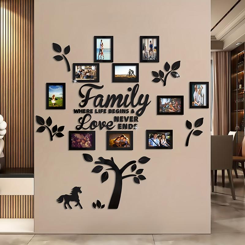 A Set of 3D Acrylic Photo Frame Wall Decorations-Self-Adhesive DIY Photo Collage Gallery with Wall Chart Template, Suitable for Family Tree, Wedding, New Year, Christmas, Anniversary-Chinese Text 