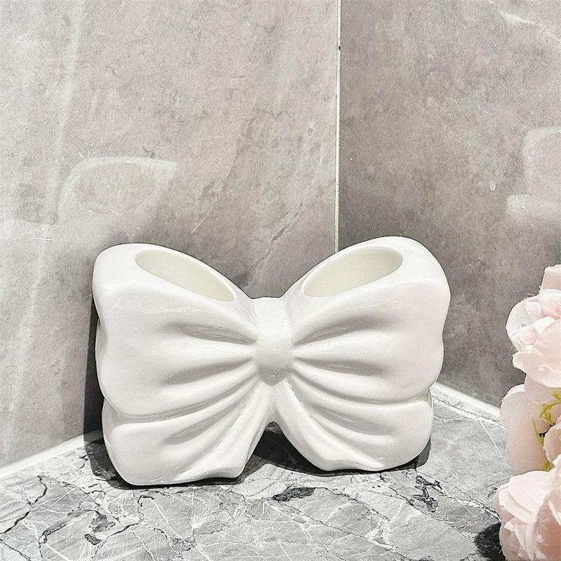 Bowknot Design Toothbrush Holder, 1 Count Ceramic Toothbrush Storage Rack, Bathroom Supplies for Home Hotel Salon Dormitory