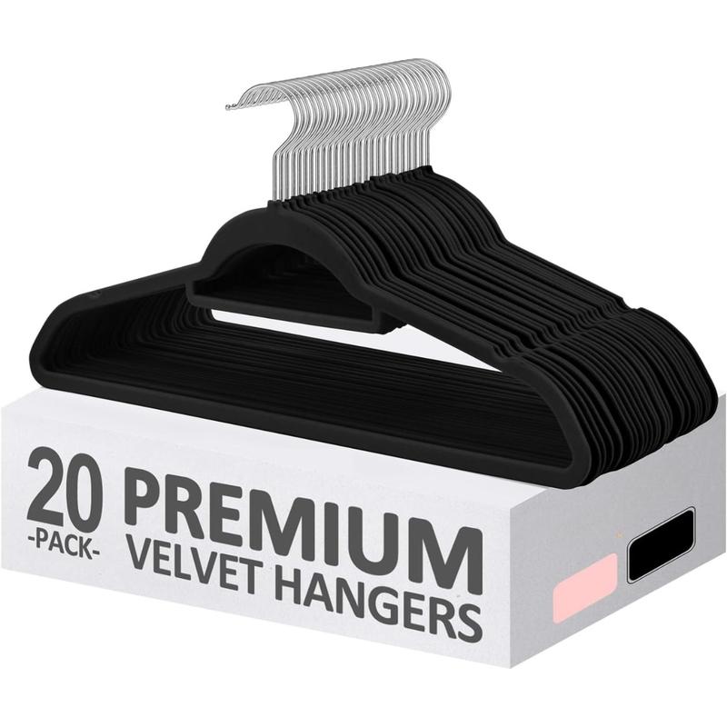 Velvet Hangers with Tie Bar 20 Pack Black, Clothes Hangers Non-Slip, Space Saving Felt Hangers for Pants, Coat, Suits, Shirt, Scarf, No Hanger Marks