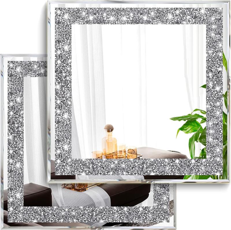 2 Piece Wall Mirrors, Crush Diamond Mirrors Decor, Silver Decorative for Living Room Bedroom, Bathroom. (12”x12”) Hanging Set Crystal Circle