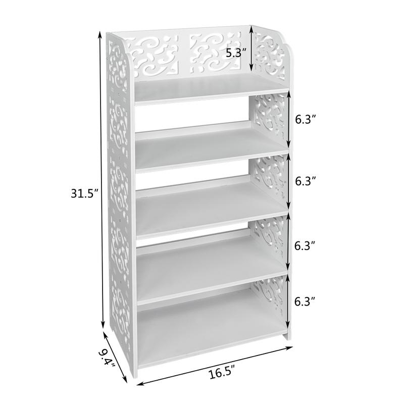 FCH 5-Tier White Hollow Carved Shoe Rack, Wood-Plastic Board Shoe Storage Organizer Cabinet, Space-Saving Boots Display Holder, Narrow Entryway and Outdoor Shoe Rack Tower