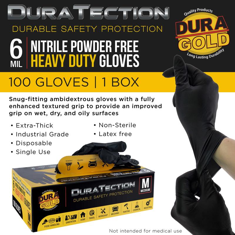 HD Black Nitrile Disposable Gloves, Box of 100, Size Medium, 6 Mil - Latex Free, Powder Free, Textured Grip, Food Safe