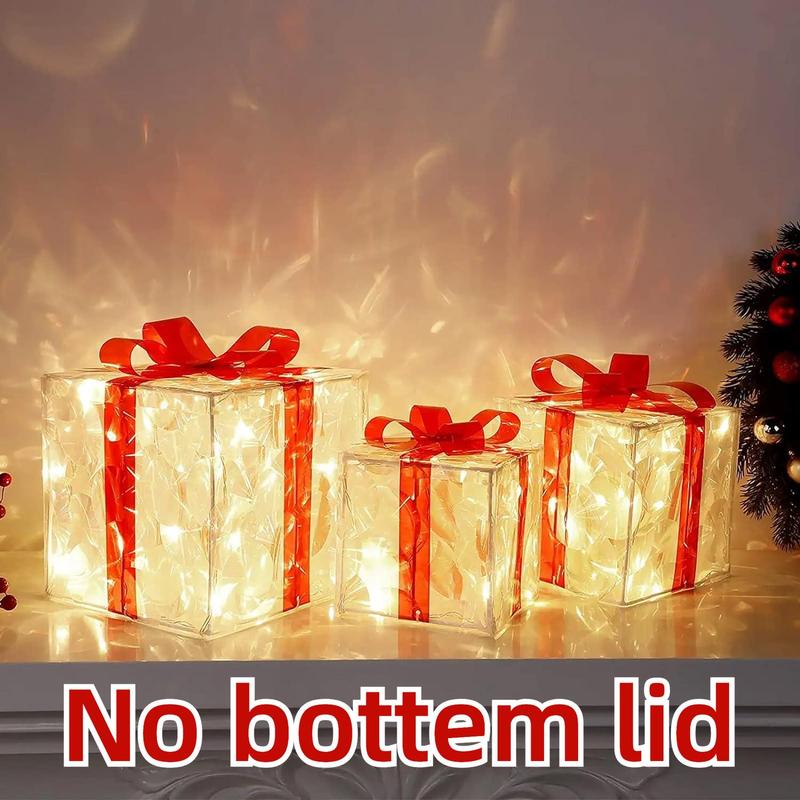 Christmas Decoration Illuminated Gift Box with Bow, 1 3 Counts Battery Powered LED Christmas Decoration Excluded Battery, 100 LED Lights Gift Boxes, LED Decoration for Christmas Lighting Decorations Supplies