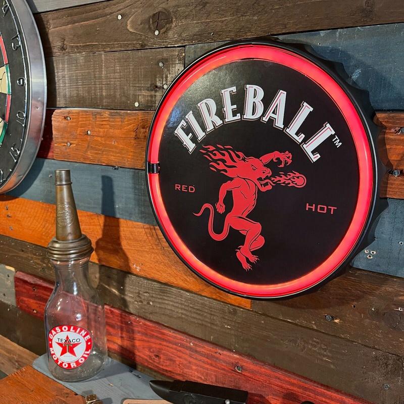 Fireball Whiskey Red Hot Rope Sign Bottle Cap Shaped Home Bar Man Cave Decor