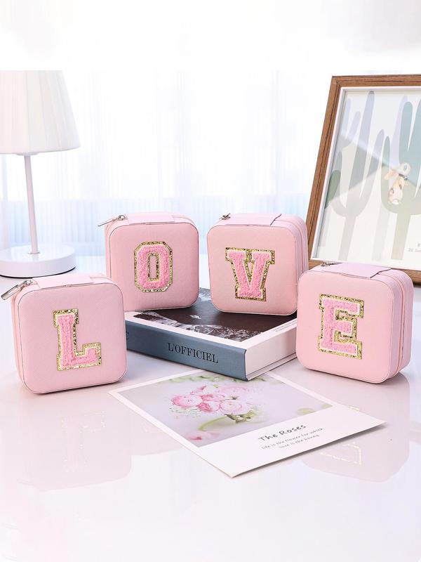 Plush Letter Embroidering Design Jewelry Storage Box,  Portable Waterproof Jewelry Organizer for Women, Jewelry Display Stand for Travel & Daily Use, Gift for Her Girlfriend