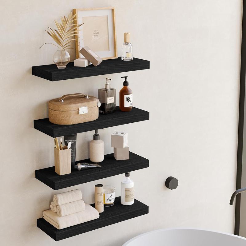 Floating Shelves for Wall, Rustic Wood Finish Wall Shelves with Invisible Brackets, Black Floating Wall Decor Shelves for Bathroom, Living Room, Bedroom and Kitchen, Set of 4, 15.8 Inch