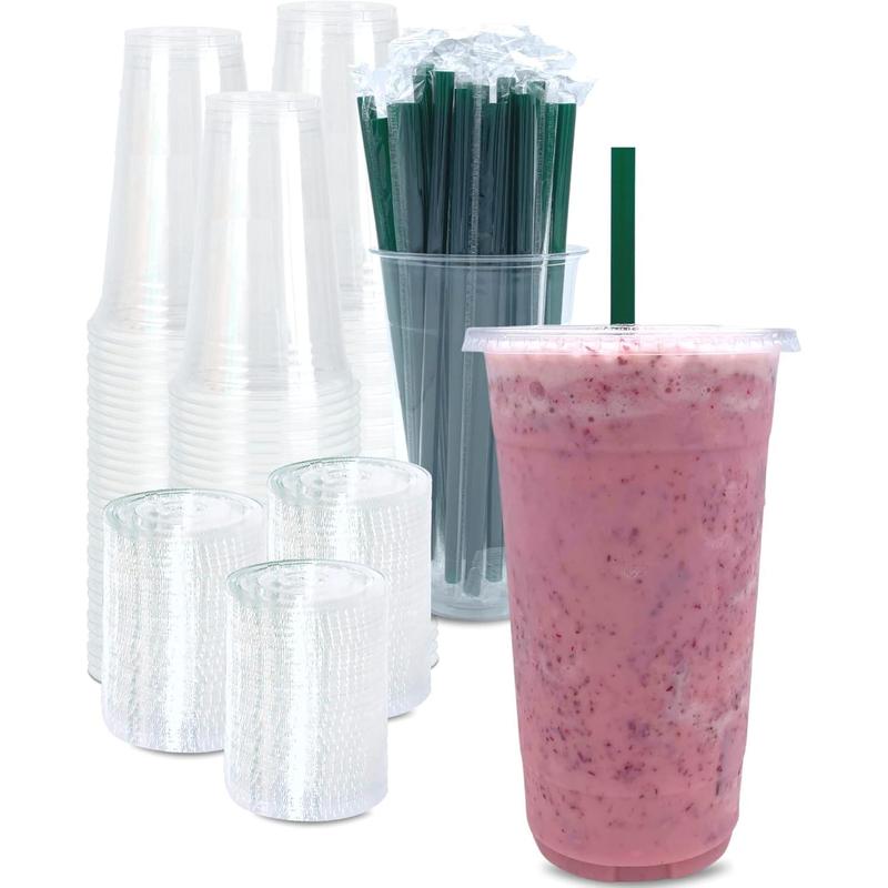 [100 SETS] 32 oz Clear Plastic Cups with Lids and STRAWS, Disposable Drinking Cups for Cold Drinks, Iced Coffee, Milkshakes, Smoothies