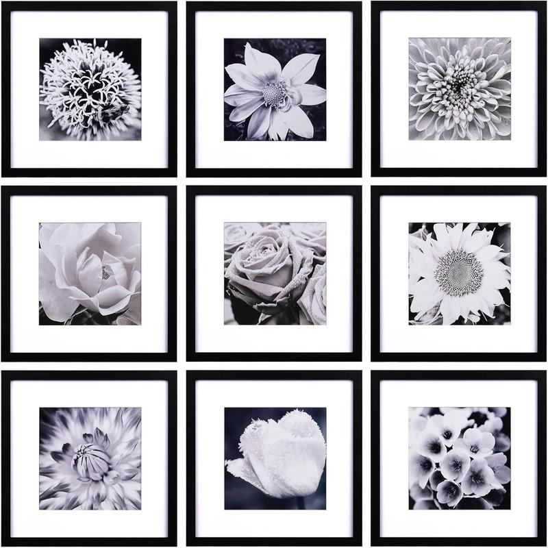 Yaetm 12x12 Picture Frames Black Set of 9, Square Photo Frame Displays 8x8 with Mat or 12x12 without Mat, Gallery Wall Frame Set for Wall Hanging