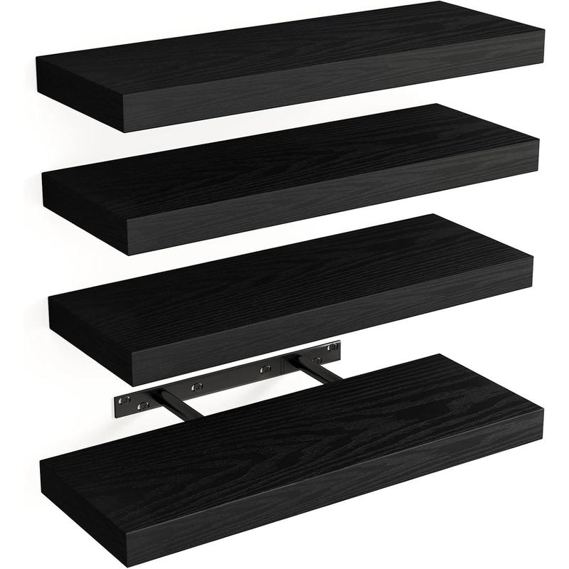 Floating Shelves for Wall, Rustic Wood Finish Wall Shelves with Invisible Brackets, Black Floating Wall Decor Shelves for Bathroom, Living Room, Bedroom and Kitchen, Set of 4, 15.8 Inch