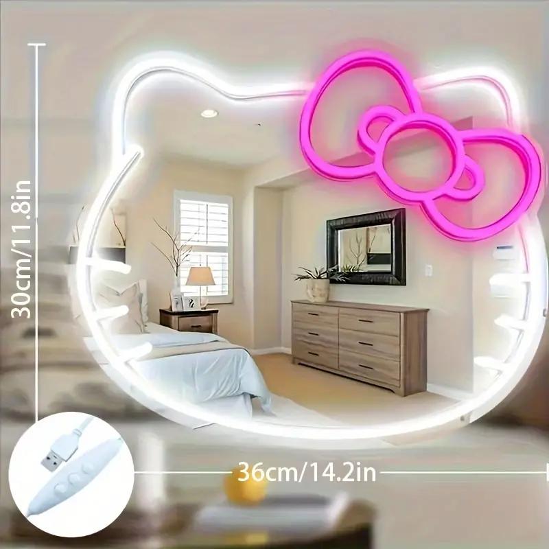 Kitty FACE  LED Makeup Mirror with Adjustable Brightness - Wall-Mounted Cartoon Neon Light for Girls' Bedroom Decor & Gifts