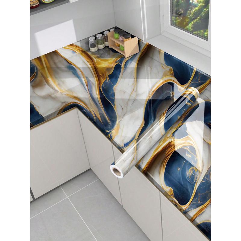 1Pc Dark Blue And Gold Marbling Waterproof And Oil Proof Pvc Self-Adhesive Kitchen Accessories Drawer Shelf Liner, Table Countertop Protection Sticker, Household Chalkboard Sticker, Marble Wallpaper Boho Orange