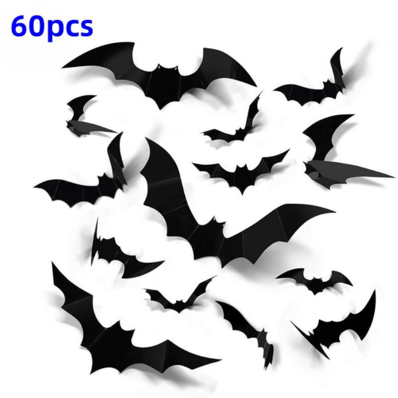 Room Decor Bat Shaped Wall Sticker, 60pcs set 3d Bat Wall Decal, Halloween Wall Art Decoration for Home Living Room Bedroom Hotel School, Halloween Decoration, Halloween Accessories  Tiles Sticker