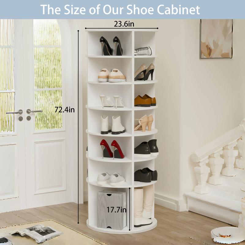 Rotating Shoe Rack Tower, 7-Tier Spinning Shoe Rack, Free Standing 360° Revolving Shoe Organizer,  High Bottom Design Shoe Tower Spinning Storage Lazy Susany, Fits 28 Pairs of Shoes (7-Tier White)