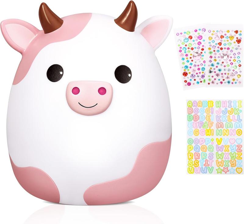 Cow Piggy  for , Pink Piggy Banks Girls Unbreakable Plastic    Safe Money  with DIY Stickers for Boys Girls Gift (Pink)