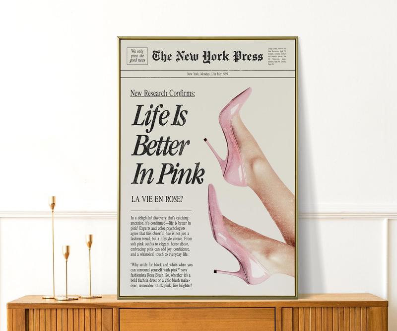 Retro Vintage Baby Pink News Poster, Trendy News headline Unique Print Decor Glossy