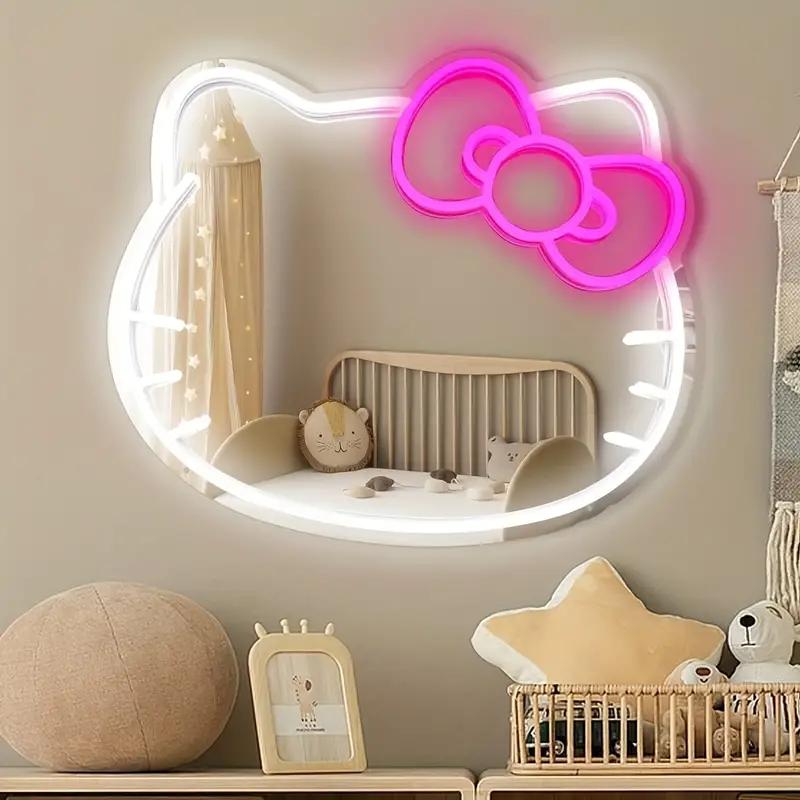 Kitty FACE  LED Makeup Mirror with Adjustable Brightness - Wall-Mounted Cartoon Neon Light for Girls' Bedroom Decor & Gifts