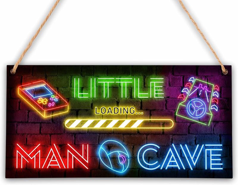 Little Man Cave, Neon Gaming Wooden Door Sign for Gamer Room Decor, Boys Decorations for Bedroom  Playroom Wall Art (6