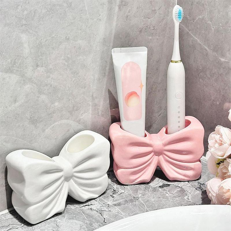 Bowknot Design Toothbrush Holder, 1 Count Ceramic Toothbrush Storage Rack, Bathroom Supplies for Home Hotel Salon Dormitory