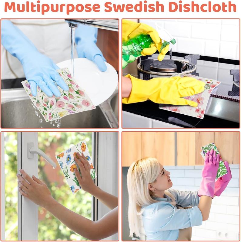 6 Pack Swedish Dishcloths for Kitchen, Reusable Paper Towels Swedish Dish Towels with Clips, Absorbent Dish Cloth No Odor for Cleaning Home Kitchen（Bright Flower Patterns）