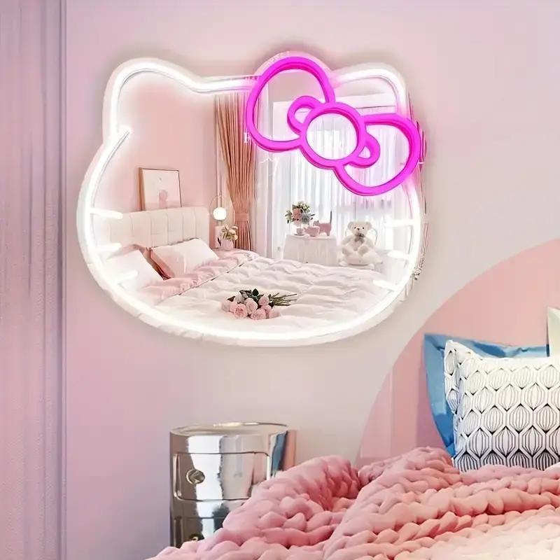 Kitty FACE  LED Makeup Mirror with Adjustable Brightness - Wall-Mounted Cartoon Neon Light for Girls' Bedroom Decor & Gifts