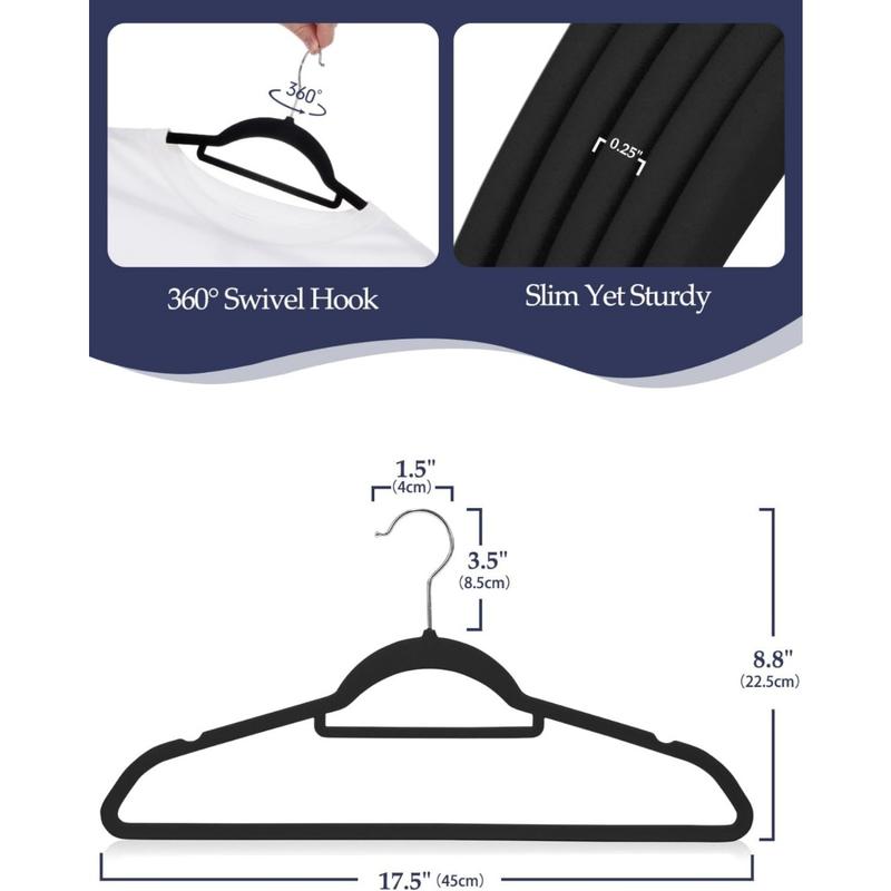 Velvet Hangers with Tie Bar 20 Pack Black, Clothes Hangers Non-Slip, Space Saving Felt Hangers for Pants, Coat, Suits, Shirt, Scarf, No Hanger Marks