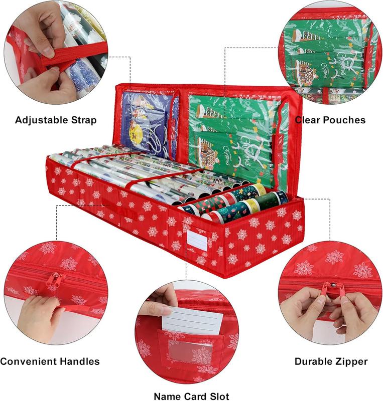 Christmas Wrapping Paper Storage Organizer, Gift Wrap Storage Bag with Pockets,600D Heavy Duty Underbed Gift Wrap Organizer Fits for Holiday Accessories Ornaments (Large)